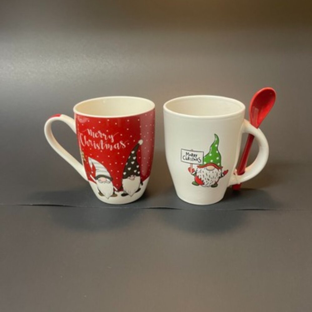 Set of 2 Christmas Gnome Coffee Mugs 12 oz - 1 with Spoon, adorable